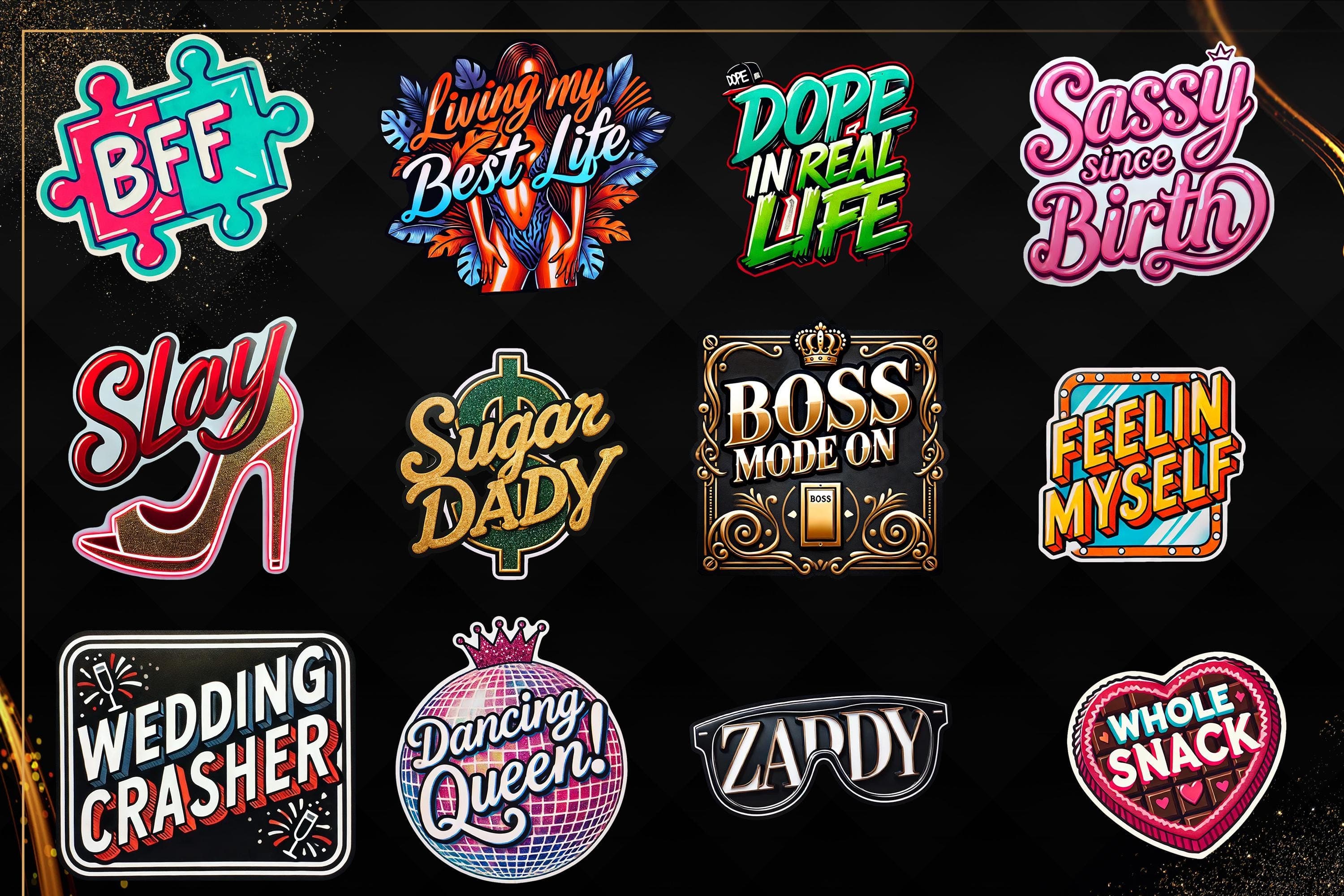 Doisprezece props digitale cu mesaje: BFF, Slay, Boss Mode On, Dancing Queen si altele