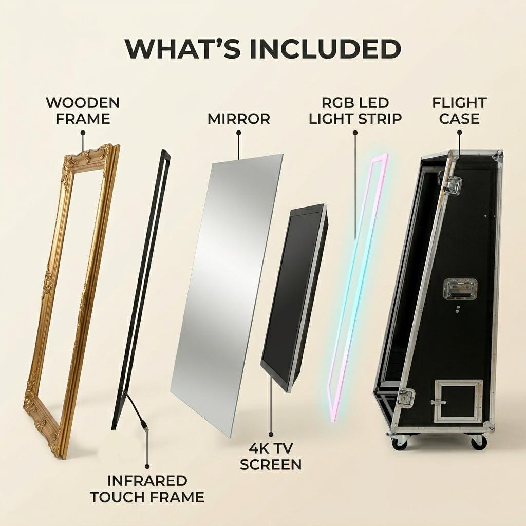 Componentele cabinei desfacute: rama de lemn, oglinda, ecran, banda LED RGB si flight case
